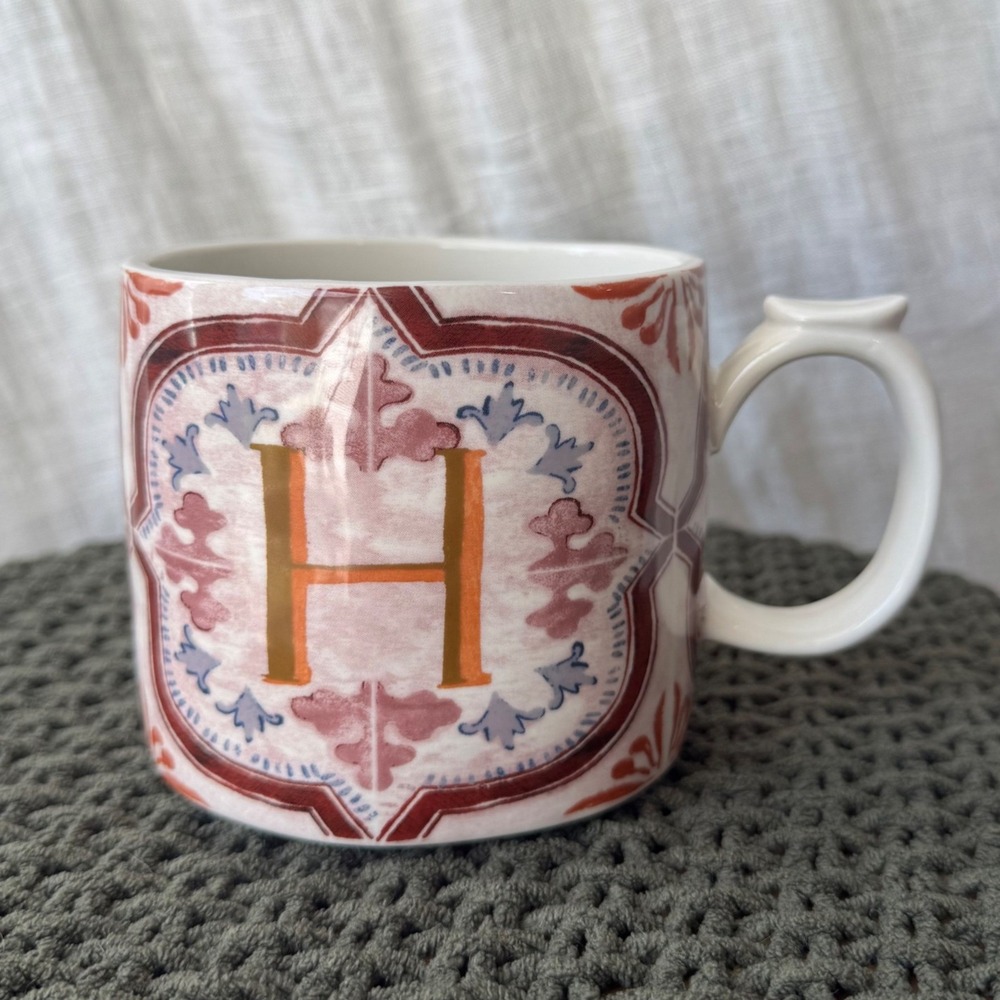 Anthropologie Mezze Monogram Initial Letter H Coffee Mug Pink Orange Mosaic Gift